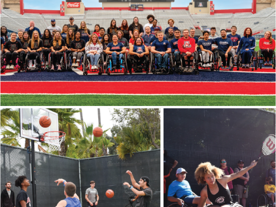 Collage of adaptive athletes. Top image is all athletes posing. Bottom left is an action image of basketball. Bottom right is a tennis player swinging at the ball.